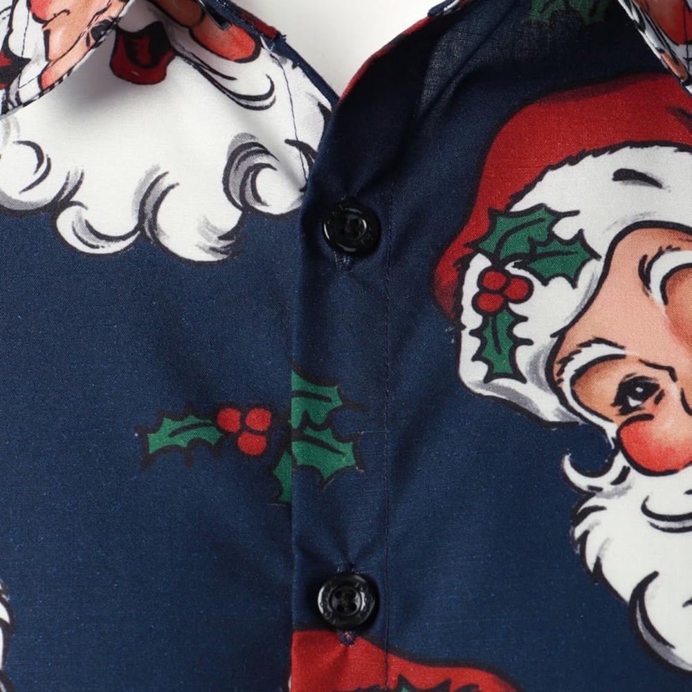 Festive Santa Print Button Down Shirt - Navy - Picture 5 of 5